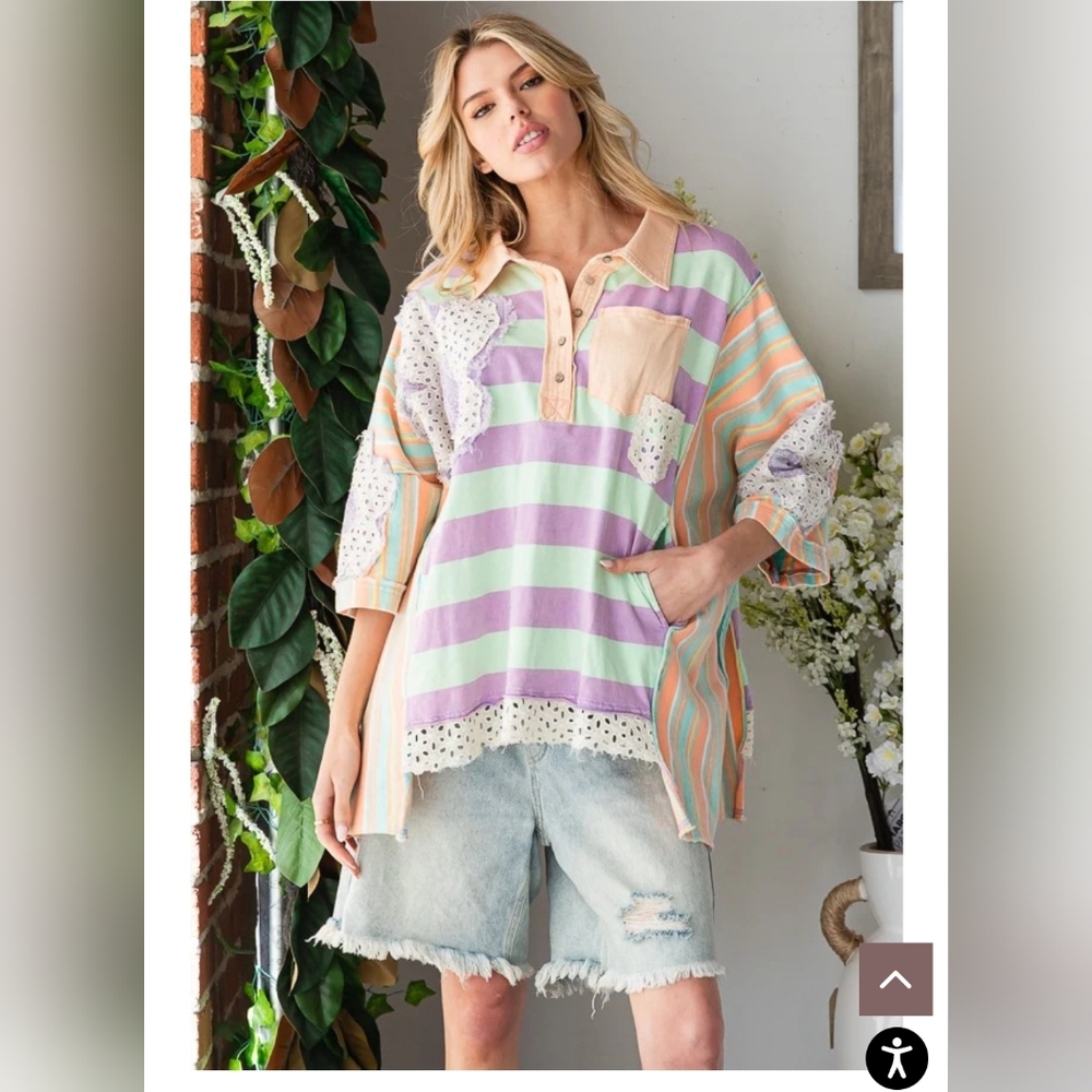 NEW!!! Oli & Hali Striped Pastel Button-Up Women Top,Sz Large,NWT